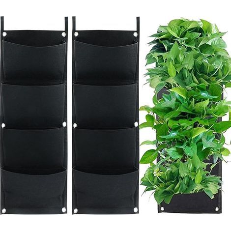 2 Pack Vertical Hanging Planting Bags, 4 Pockets Thick Felt Planting Bags for Balcony, Outdoor, Garden, Yard, Office, Home Decoration (Black) (1/5)
