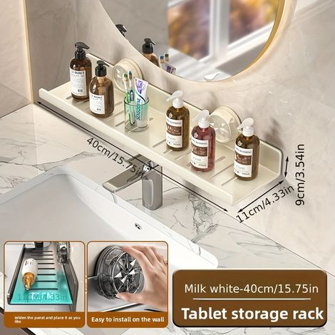 (blanc 40x11x9cm) Organisateur mural créatif à ventouses pour robinet, multifonctionnel, pour maquillage et articles de toilette de salle de bain, avec égouttoir (1/5)