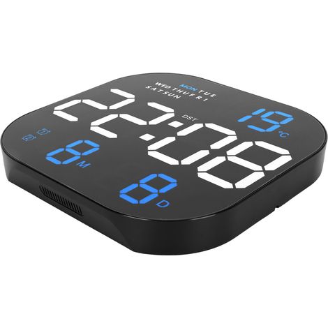 Horloge numérique avec grand écran LED, port USB 5V, télécommande, multifonctions, affichage de la température et du mois, horloge lumineuse électronique pour salon, bicolore (lumière bleue). (1/5)