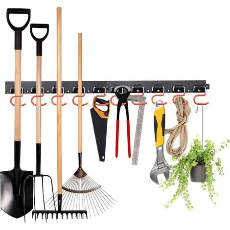 Organisateur de garage, système de rangement ajustable de 162,5 cm avec 20 crochets et 4 rails, support mural pour outils de jardin, balai et serpillière, idéal pour le jardin et le garage. (1/5)
