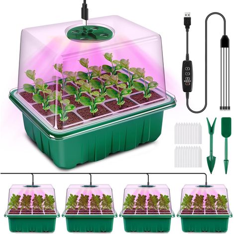 Kit de germination 4 pièces avec lampe de croissance - Comprend un marteau et une luminosité réglable, des plateaux de semis épais avec dômes d'humidité et couvercles surélevés (1/5)