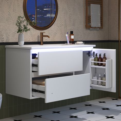 Meuble vasque mural 91,5 × 46,5 × 50,5 cm, finition laquée de haute qualité, éclairage LED à détecteur de mouvement, compartiment de rangement sur la porte, deux tiroirs à glissières silencieuses, vas (1/4)