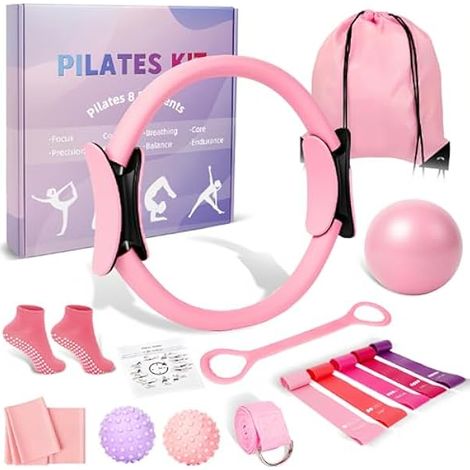 Anneau De Pilates - Ballon De Yoga - 5 Bandes De Resistance - Sangle D Etirement - Anneau En Huit - 2 Balles De Massage - Kit Complet 14 Pieces (1/3)