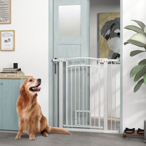 104 cm hohes Hundegitter mit Katzenklappe, 7 cm und 14 cm Verlängerungen, für Treppen und Türöffnungen, 76–104 cm Breite