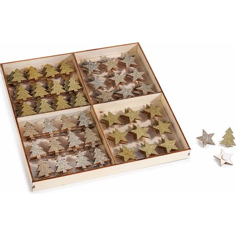 Decorazioni natalizie in legno con glitter a forma di alberi di Natale e stelle con finitura glitter oro e argento, Pino: cm 2 x 2,5 H