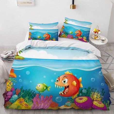 Housse de Couette 140x200 Enfant Poisson De Dessin Animé Parure de Lit 1 Personne Microfibre Housse de Couette Animaux Marins Mignons 3D Imprimé Literie Set 3 Pièces avec Fermeture Éclair - 140x200+2x (1/5)