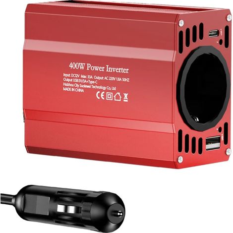 Inverseur de puissance pour voiture, design compact, ports multiples, 400W-ROUGE, Europe-a, 12V-a, 220V-a (1/2)