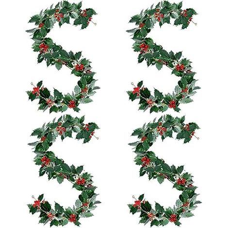 BALRAJ Lot de 4 guirlandes de Noël vertes artificielles de 175,3 cm - Baies rouges - Guirlande de feuilles de houx d'hiver pour intérieur ou extérieur - Décoration de cadre de porte (A) (1/5)