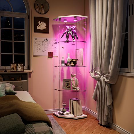 Vitrine en verre blanc avec éclairage d'ambiance LED réglable, 60x42x162 cm, une porte, étagères réglables, serrure, poignée, base pentagonale (1/5)