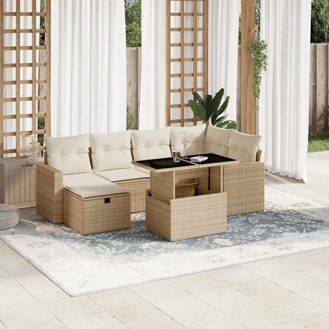 vidaXL Salon de jardin avec coussins 7 pcs beige résine tressée (1/5)