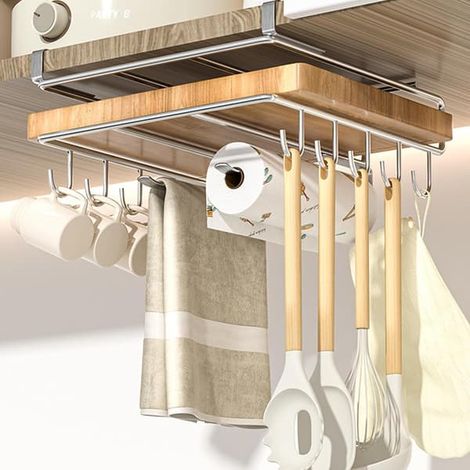 Ecleanfy - Support pour planche à découper en acier inoxydable avec crochet multifonctionnel  Support pour planche à découper à placer sous un meuble de cuisine, dans un garde-manger ou sur une étagèr (1/5)