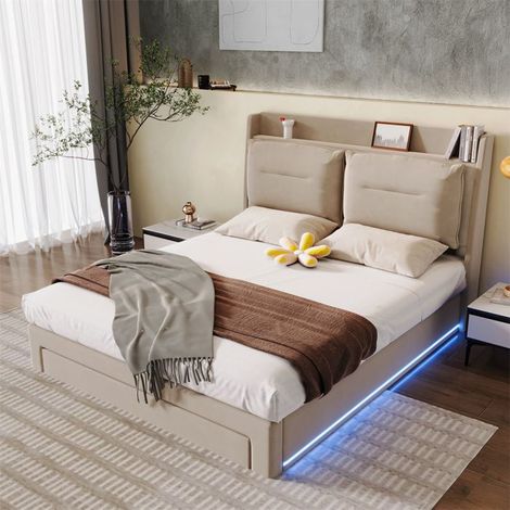 Lit coffre rembourré velours 180x200 avec sommier à lattes et tiroirs - beige, sans matelas
