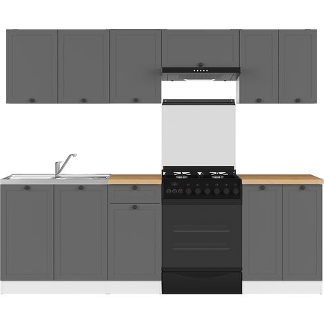 Cuisine complète 240 cm,Ensemble de meuble de cuisine coloris gris graphite/blanc, plan de travail coloris Chêne doré inclus (1/4)
