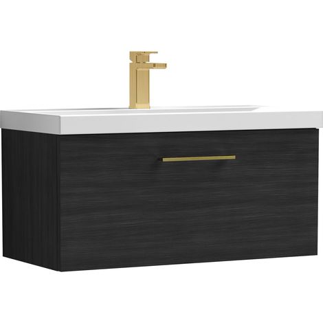 Balterley 800mm Wall Hung Bathroom 1 Drawer Vanity Unit and 1 Tap Hole Ceramic Basin, Woodgrain Black with Brushed Brass Handle (1/5)