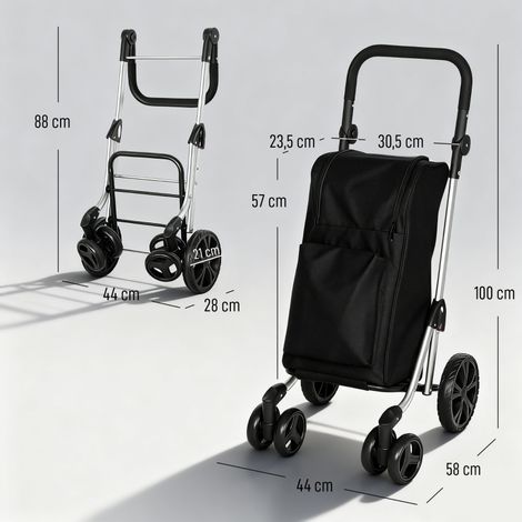 Chariot de courses escamotable, sac thermique 46L, poignée ajustable, cadre en alliage d'aluminium, noir (1/5)