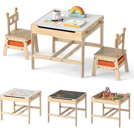 Tavolo e sedie per bambini 4 in 1 60 x 60 x 49 cm con pratico vano contenitore stile naturale 200018935