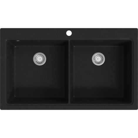 Fregadero encastrable de granito negro de dos cubetas vidaXL (1/8)