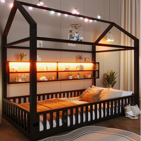 Cama infantil 90x200 con valla y LED de metal OKMYHOME (1/5)