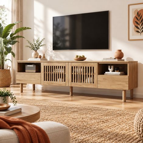 Mueble TV 180x40x51 cm en MDF natural, 2 puertas con rejilla y almacenaje – MEUBLIV (1/5)