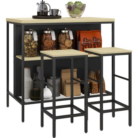 Bar-Set, 2 Barstühle & 1 Bartisch, fleckenresistent, stabil, Stahlrahmen, Schwarz/Eiche (1/5)