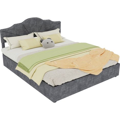 Lit coffre 160x200 cm relevable avec tête de lit géométrique en tissu gris, sommier robuste et rangement pratique pour chambre moderne  CHICFURN (1/5)
