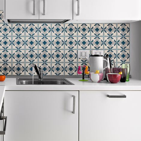 Sticker Mural Carrelage adhésif Cuisine Salle de Bain - 24 STICKERS CARREAUX DE CIMENT AZULEJOS CARMITA - 24stickers15x15cm (1/5)