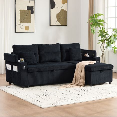 Sofá cama de 3 plazas de pana negra con chaise longue, almacenaje y USB-C - CHICFURN (1/5)