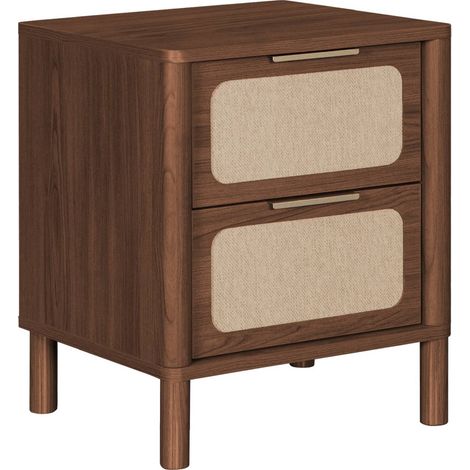 Table de chevet vintage décor bois et cannage 2 tiroirs noyer - Etta (1/5)