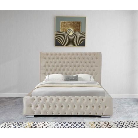 Lit Coffre en Velours Capitonné avec Tête de lit + Sommier - Modèle Saba 2 140 X 190 CM - Beige - Avec Coffre - Sommier Relevable (1/4)