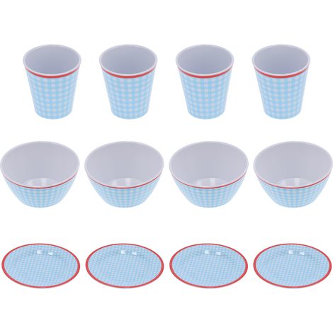 Lot de 12 pièces vaisselle maison bleu clair à carreaux, tasse bol assiette pour cuisine restaurant.