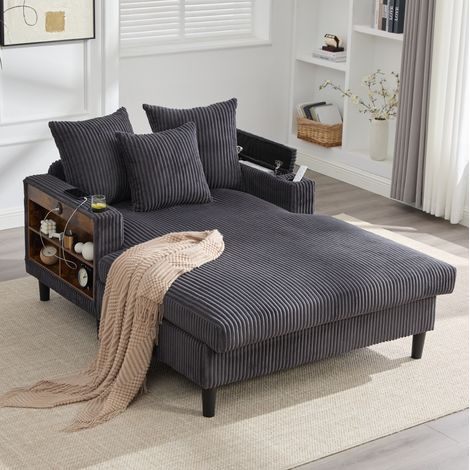 Canape chaise longue velours cotele LED USB gris OKMYHOME (1/5)