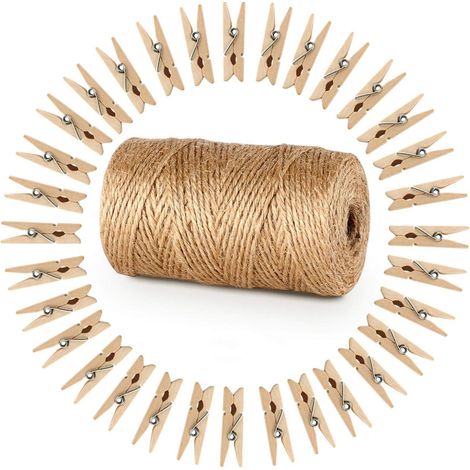Cordon En Jute Naturel - 100 M - Ø 2 mm - Avec 100 Pinces À Linge En Bois 3,5 cm - Pour Jardinage, Loisirs Créatifs Et Décoration (1/5)