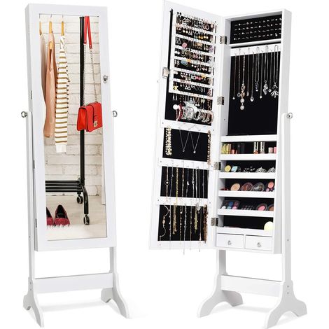 Goplus – Armoire à bijoux sur pied avec miroir inclinable 4 positions – Rangement verrouillable 6 étagères 2 tiroirs – MDF durable – 155,5 cm