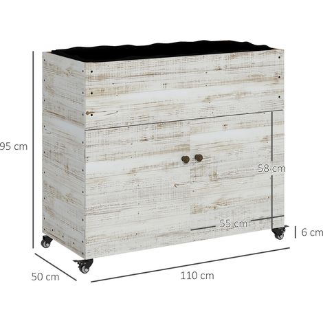Jardinière surélevée en bois avec compartiment de rangement, jardinière à herbes aromatiques sur roulettes, bac à fleurs 110 x 50 x 95 cm, avec revêtement en tissu non tissé, blanc, pour jardin et bal