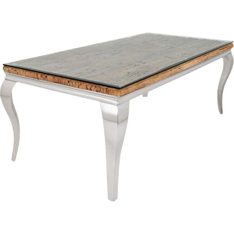 Table de salle à manger VELENA – Rectangulaire 200 cm – Bois de teck, verre et acier argenté – Style baroque chic (1/5)