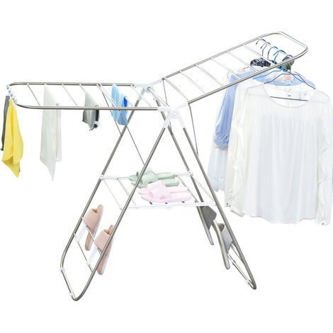 Étendoir à linge portable, longueur de séchage de 1,48 m, avec poteaux télescopiques, étendoir à linge à ailettes pour une utilisation intérieure et extérieure, argent et blanc (1/5)
