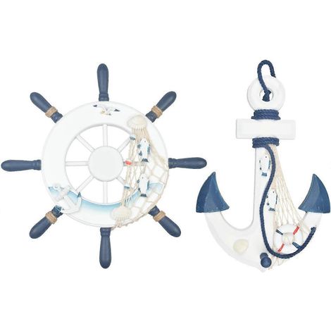 Pack de 32 cm de roue de bateau en bois et d'ancre en bois avec corde, décoration murale nautique pour gouvernail (1/5)