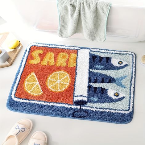 Sardinen-Dose Tapis de salle de bain, 50 x 80 cm, antidérapant, doux, lavable, avec motif de poisson et citron amusant, pour sol de douche, chambre à coucher, chambre d'enfant