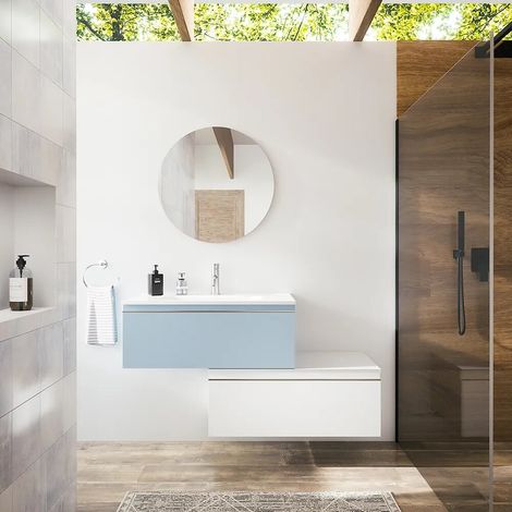 Meuble de salle de bain suspendu 60 cm bleu pastel avec lavabo et tiroir blanc mat Darwin (1/4)