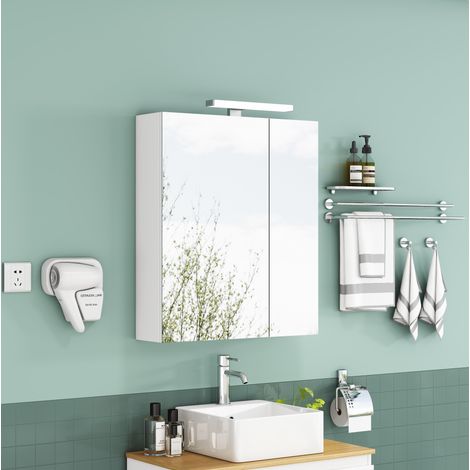 Armario espejo de baño de pared 60 cm con LED, enchufe francés y puertas asimétricas blanco OKMYHOME (1/5)