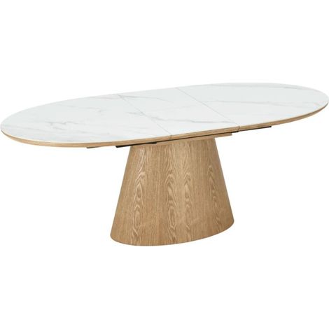 LUMEA – Keramik in Marmoroptik weiß und Holz – 160-200 cm – Ausziehbar – Ovale Form (1/5)