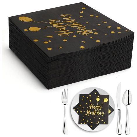 Tovaglioli di carta neri con motivo palloncini per compleanno, 33 x 33 cm, confezione da 100 pezzi, ideali per matrimoni, feste in giardino e feste in famiglia. (1/5)
