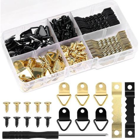 Lntyq 100 pcs cadre photo crochets suspendus robustes - Cintres à cadre en dents de scie à double trou avec vis Fixations pour cadres 150pcs vis avec boîte de rangement (or et noir) (1/5)