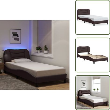 Cadre de lit avec LED sans matelas marron foncé 90x200 cm tissu - Lit Plateforme - Cadre Lit Design - Lit Avec Éclairage LED - Tête De Lit Rembourrée - Lit Double (1/5)