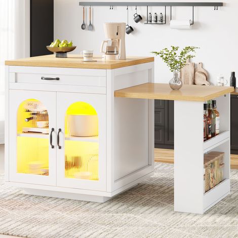 Îlot de cuisine extensible avec éclairage LED, meuble de cuisine moderne à 2 tiroirs et étagères réglables, buffet avec portes vitrées cannelées, plan de travail MDF pour la salle à manger (1/5)