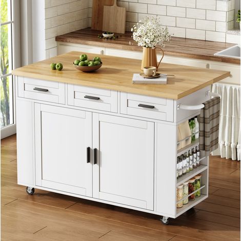 Isola da cucina mobile con piano ribaltabile, MDF, 120 x 70 x 84 cm, bianco e naturale (1/5)