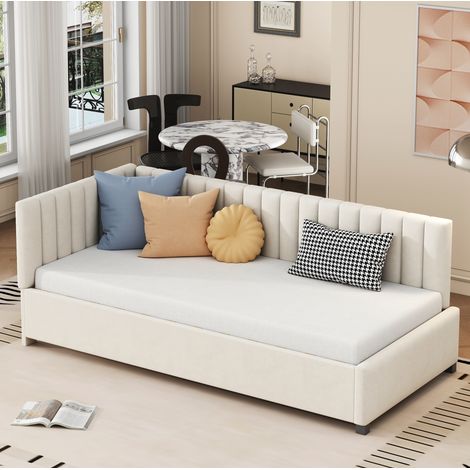 Sofá cama 90x200 cm beige de terciopelo con somier y cabecero reversible (1/5)