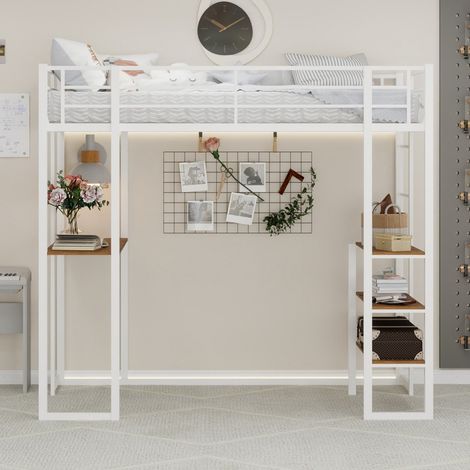 Lit mezzanine en fer avec sommier, bureau en L, barrière et escalier. Escaliers des deux côtés, positionnable à volonté 90x190cm - Blanc (sans Matelas) (1/5)