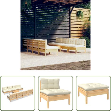 Terrassensofa - 9-tlg. Garten-Lounge-Set mit Creme Kissen Massivholz Kiefer (1/5)