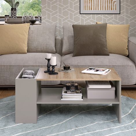 Mesa de centro Wido, Gris, 100 x 55 cm con estantes, Vicco